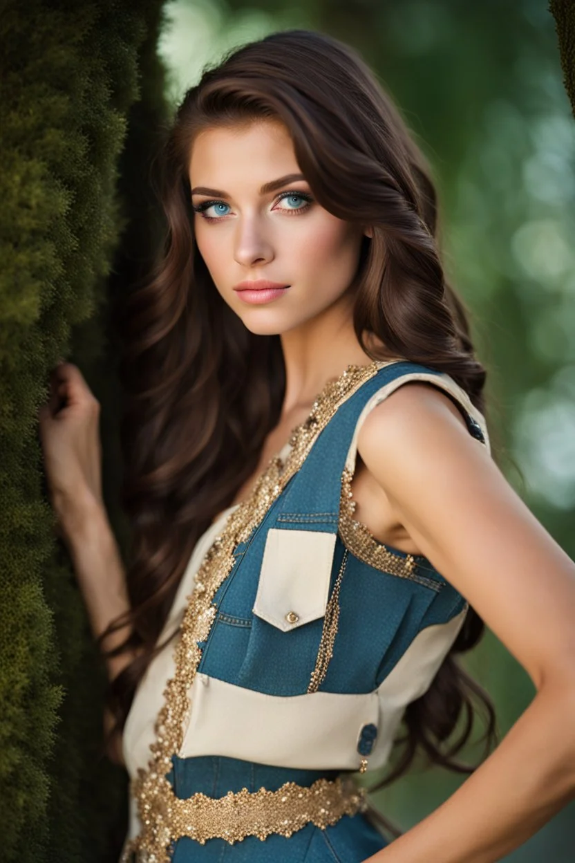 pretty18 year old girl with long wavy chocolate brown side swept hair. Blue eyes. wearing a vest