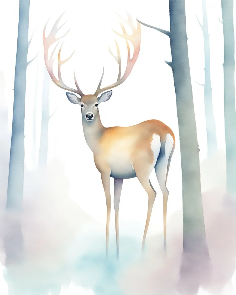 deer with antlers standing sideways, looking at viewer, realistic water color painted, among tall simplified tree trunks, foggy, pastels, colorful