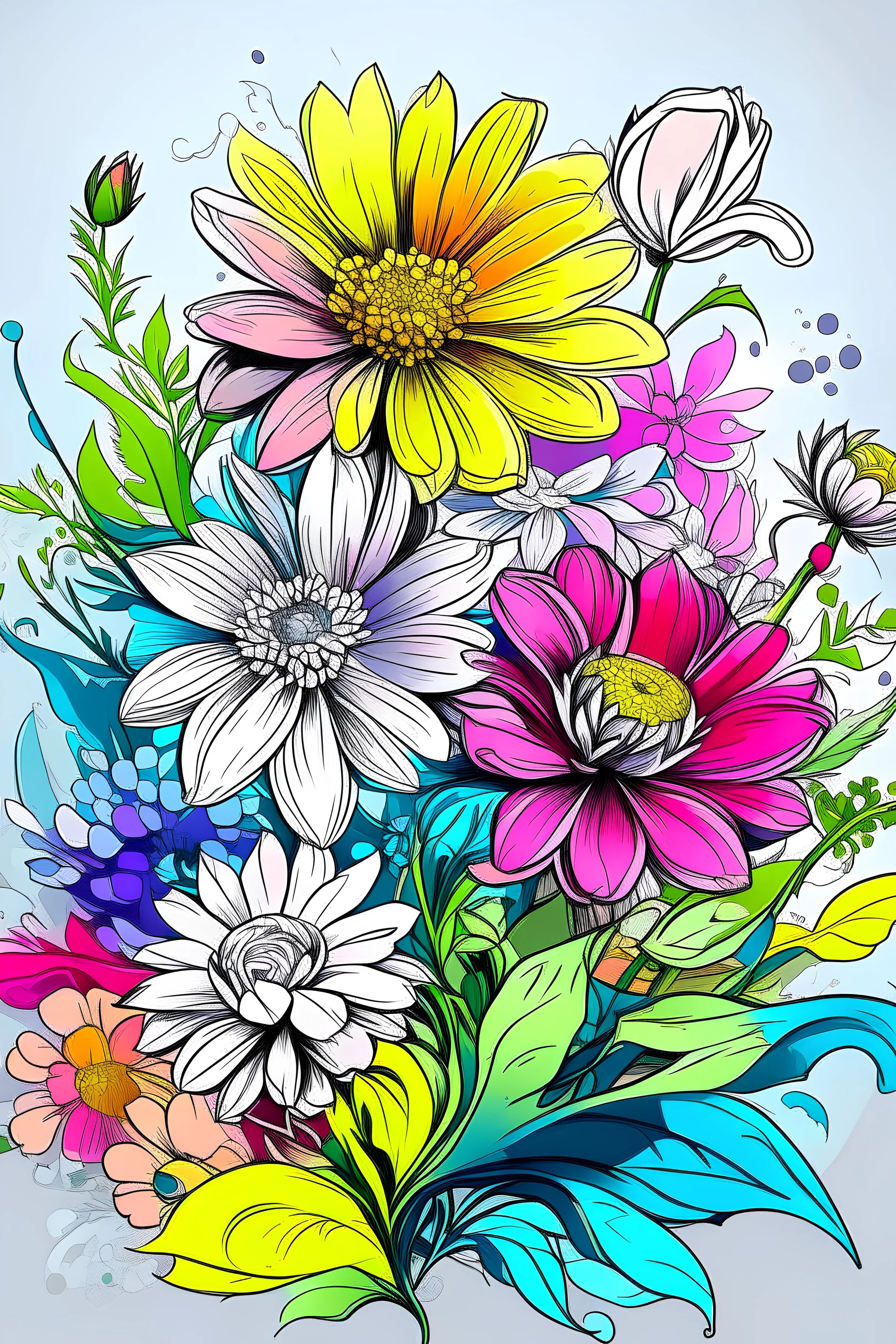 semi colorful drawing, flowers illustration, high quality, perfect design