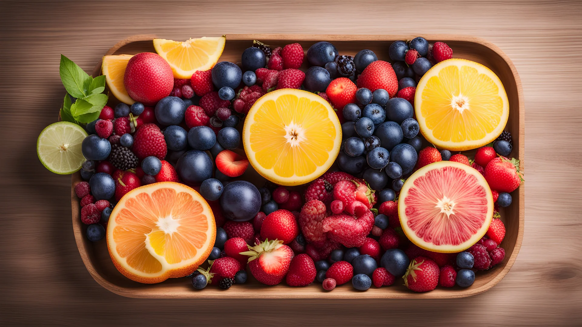 Set of summer fruits and berries in wooden serving.