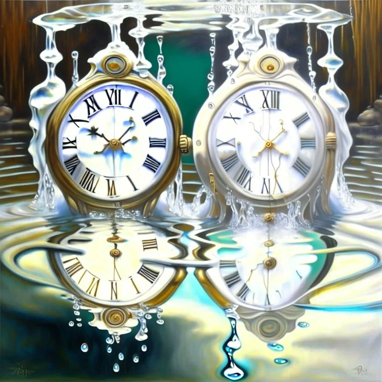 two white sikns, in one of them water is turning clockworks and in the other clockwise, art, oil drawing, bright,