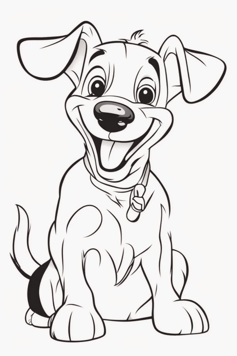 blank colouring book, white background, simple picture for toddlers, dog with one tail, four legs, smile on face, disney and pixar style