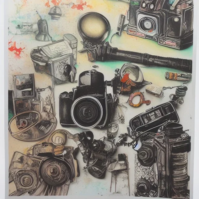 elements of photographic equipment. poster graphics. high detailed. acrylic painting and ink.