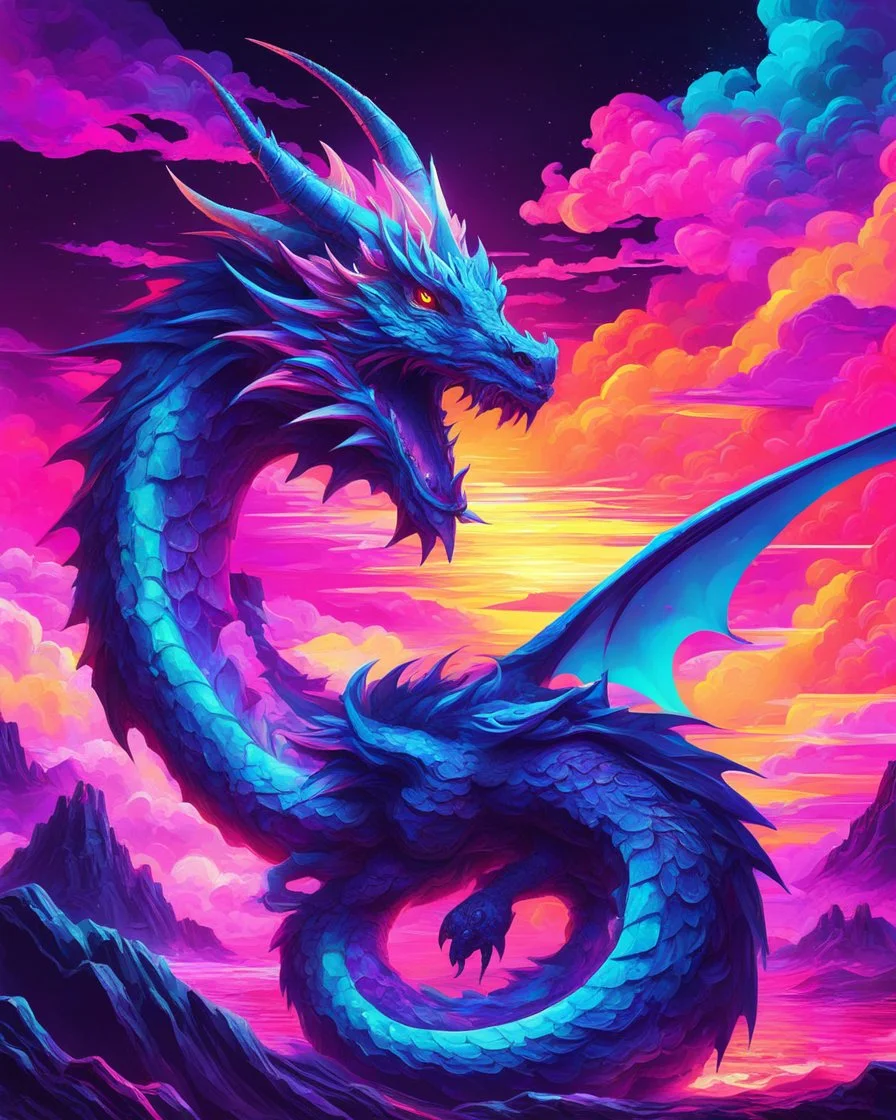 Dragon in a vibrant synthwave dreamscape, neon chaos swirling energetically around pixelated forms, a dynamic fusion of retro gaming nostalgia and futuristic abstraction