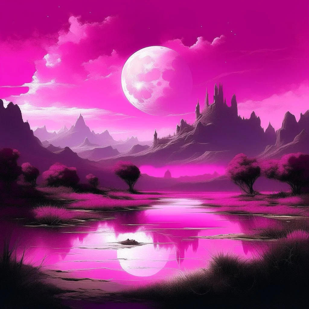 A magenta magical desert with a pond made out of goo painted by Ivan Aivazovsky