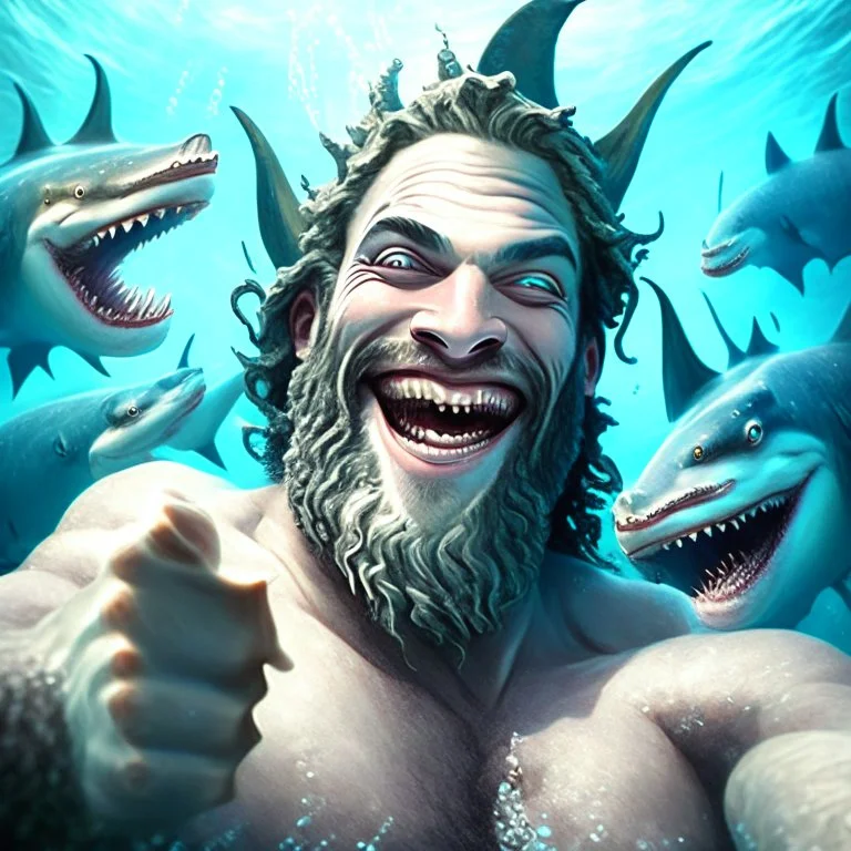 the sea god Poseidon, taking selfie with sharks, smiling, realistic, detailed,