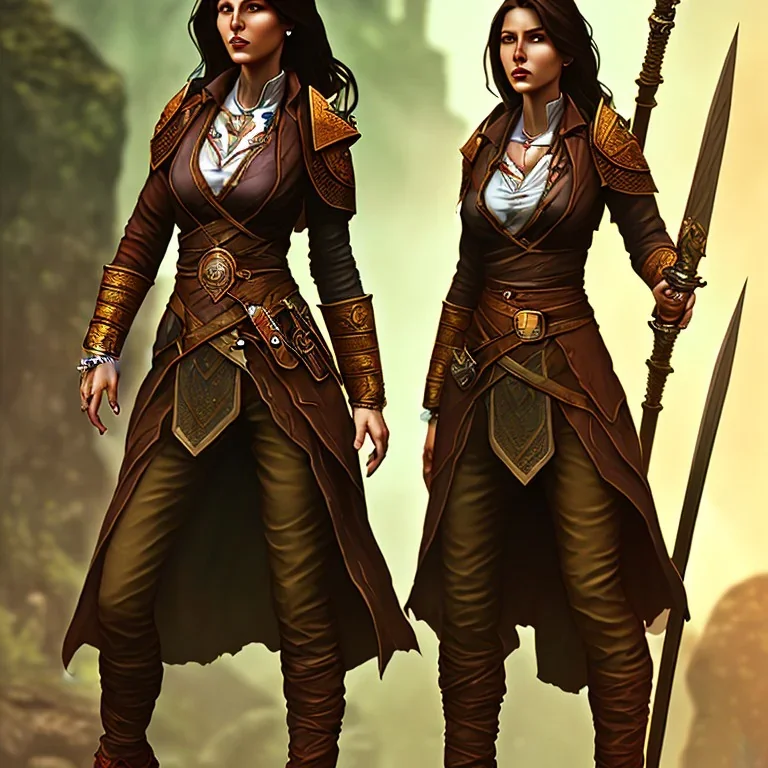 dungeons and dragons, female human, druid, brown hair, brown eyes, full body, realistic face, short hair, hair tied back, large nose