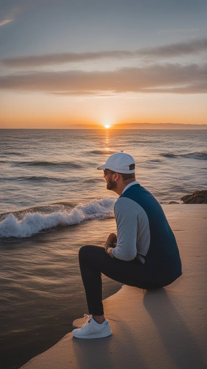 A man wears a white Dad Hat and wears sunglasses and does not wear a chain and looks at the sea and the sunrise and the Dad Hat appears clearly