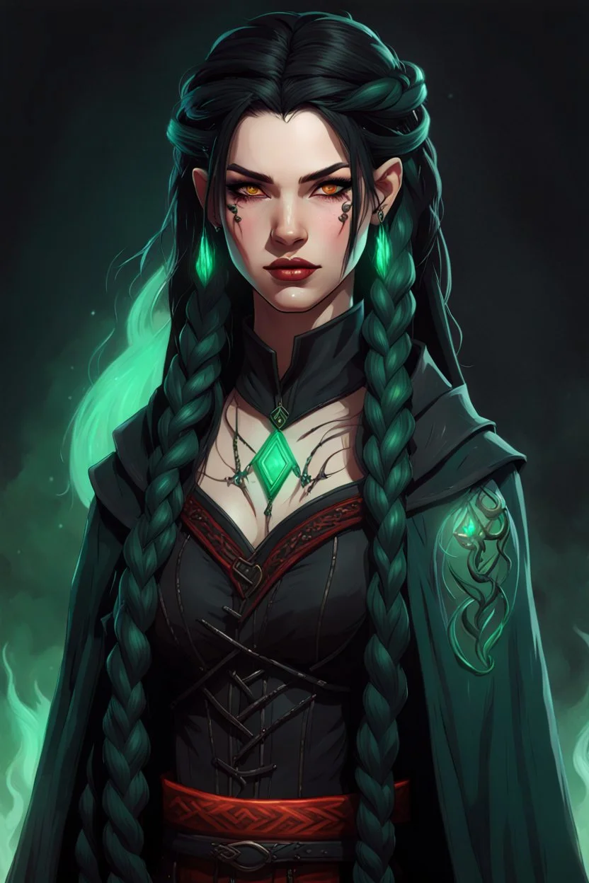 Beautiful young Hexblood warlock female character. Long straight jet-black hair to the waist. Half-up hairstyle with two loose Dutch braids on each side. Bright glowing pale emerald-red eyes. Delicate face. High cheekbones. Full lips. Soft smile. Faint dark vine markings on face and neck. Black long cloak. Scars, markings and tattoos. Shadow around . Realistic dark fantasy. Highly detailed. Cinematic lighting.