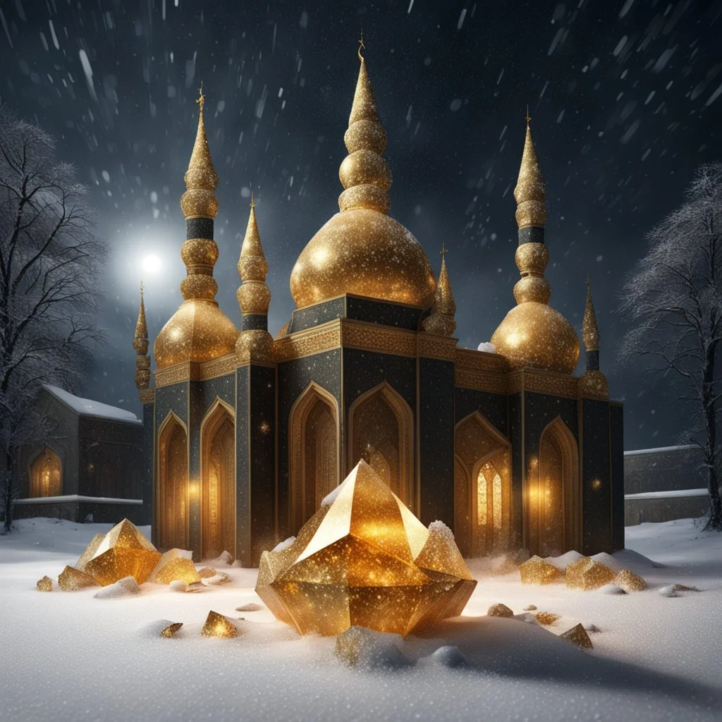 Hyper Realistic Big golden Crystals on snow outside a Dark Abandoned Mosque with beautifully crafted Marinates at dark heavy snowfall night