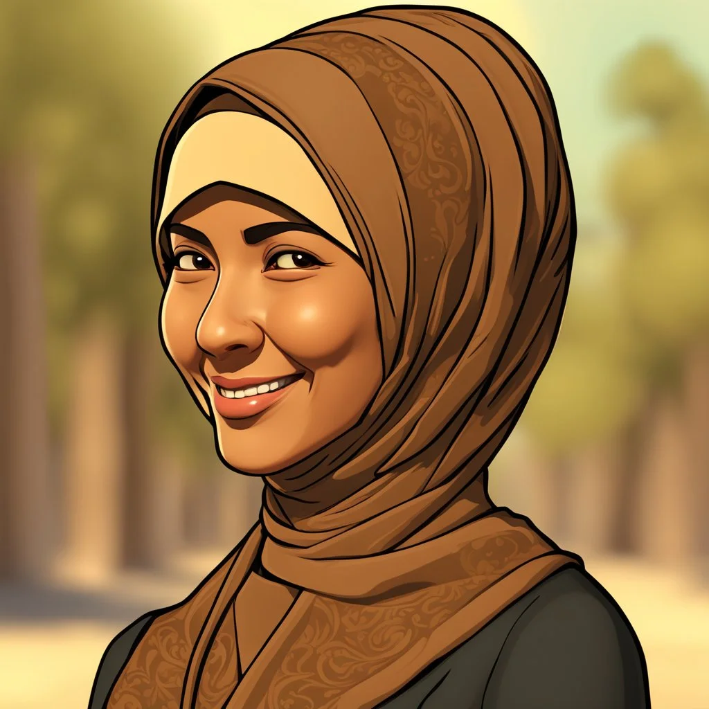 a portrait of smiling moslem woman. 45 years old. indonesian. cartoonize carricature. thin face. small body. wearing black headscarf. warm undertone brown face skin. black eye pupils. oblong face shape. formal blazer dress. pixar style. 3D. 4k. portrait. highly detailed. sharp focus. high resolution. full color. cinema lighting