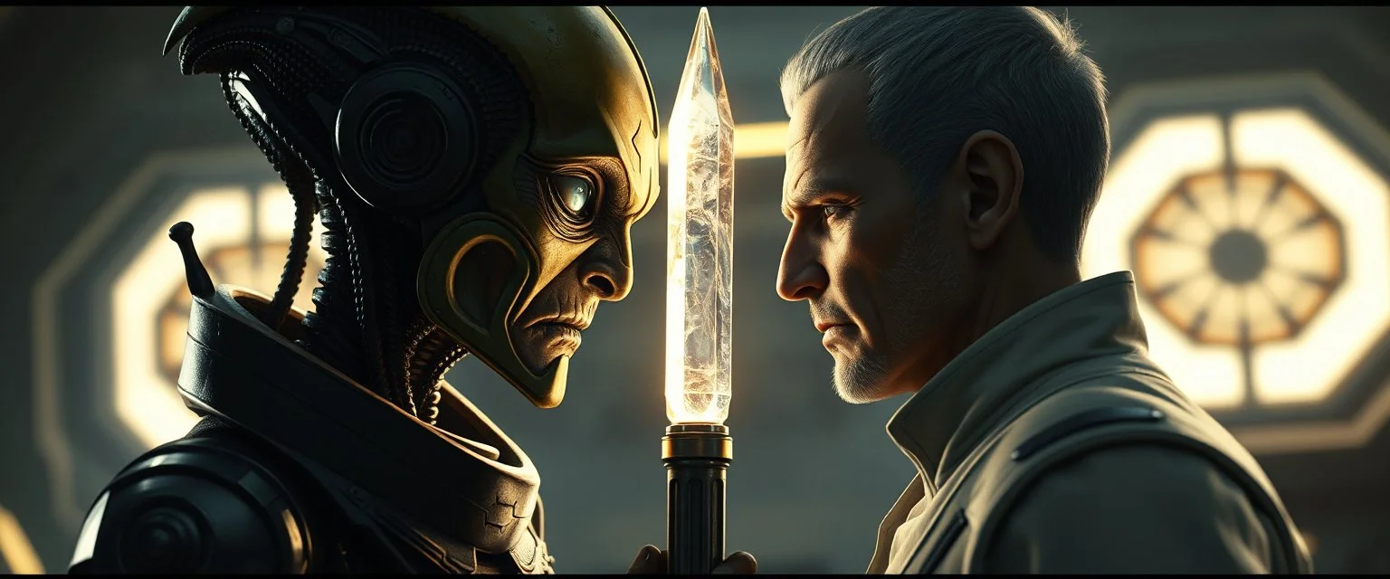 Close-up confrontation between an ancient alien outcast leader synth and a space broker, standing only a meter apart, intense eye contact, discomfort, glowing crystalline rod between them, anger mixed with sadness, dramatic facial expressions, shallow depth of field, cinematic lighting, stylized 3D anime, airbrush painting, crisp outlines, escher , rembrandt and titian, fallout 4
