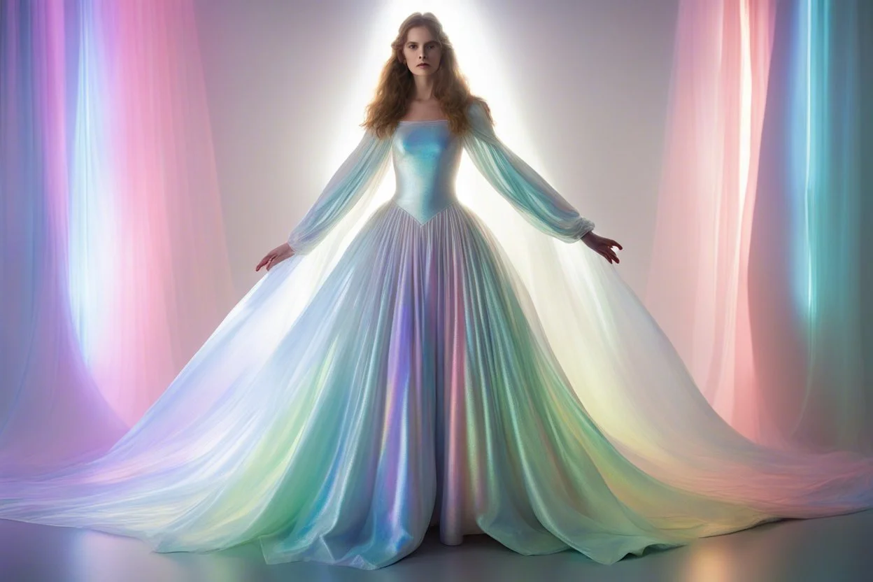 Она была белой, блестящей, и свет отражался на ткани, придавая ей волшебные, почти голографические цвета радуги, очень тонко. У него были большие рукава и много ткани, он выглядел так, как будто пришел из сна. Оно выглядело похоже на платье Сары из «Лабиринта» или платье Авроры в клипе на песню «Temporary High»