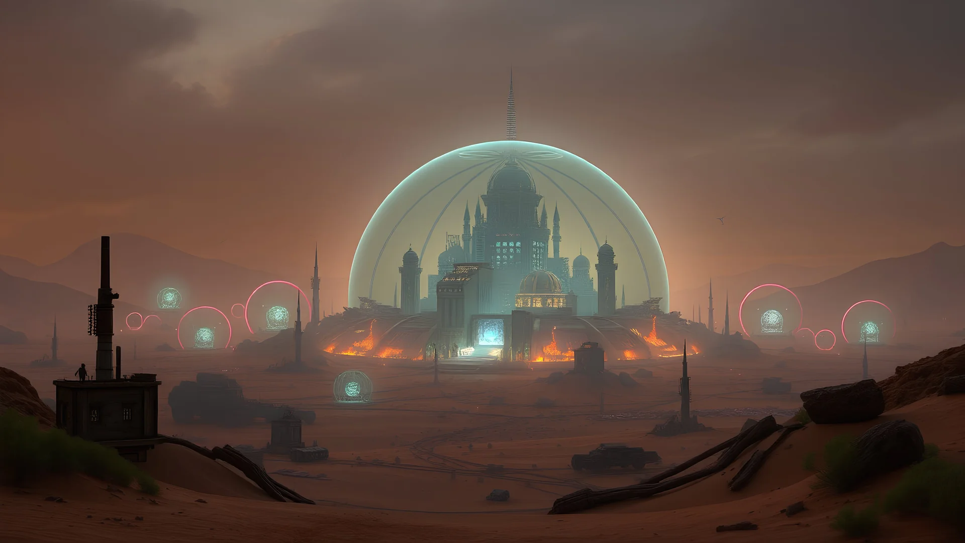 A cyberpunk desert city surrounded by a glass dome. Outside the dome is in ruins.