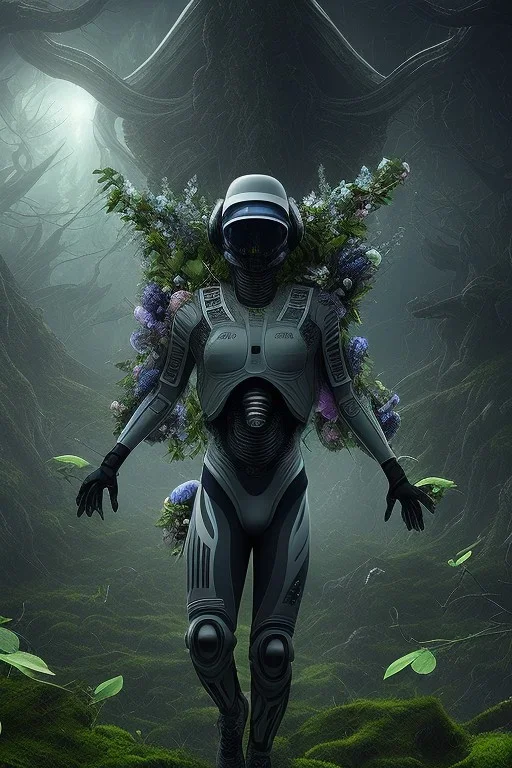 running alien portrait , black jogging suite , in the night Alps , holding leaves and flowers , angels background, volumetric light, high detail, dark leaf tree, dark mountains in background, perfect, HR Giger style