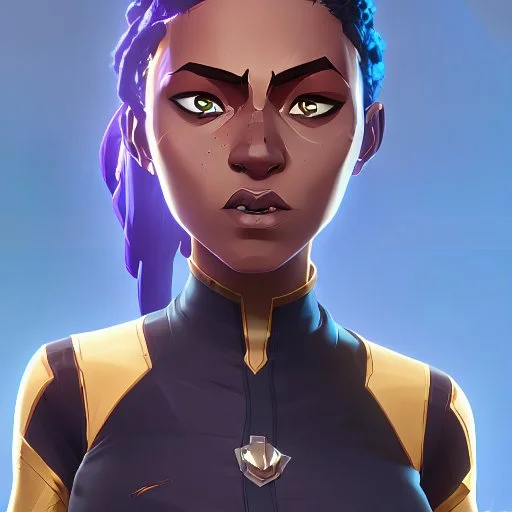 sci-fi, arcane animation series style, league of legends, Solo, 1girl, attractive female with freckles, african, dark skin, golden eyes, dark hair, braided dreadlocks, earrings, makeup, (detailed skin texture), white and indigo-blue suit