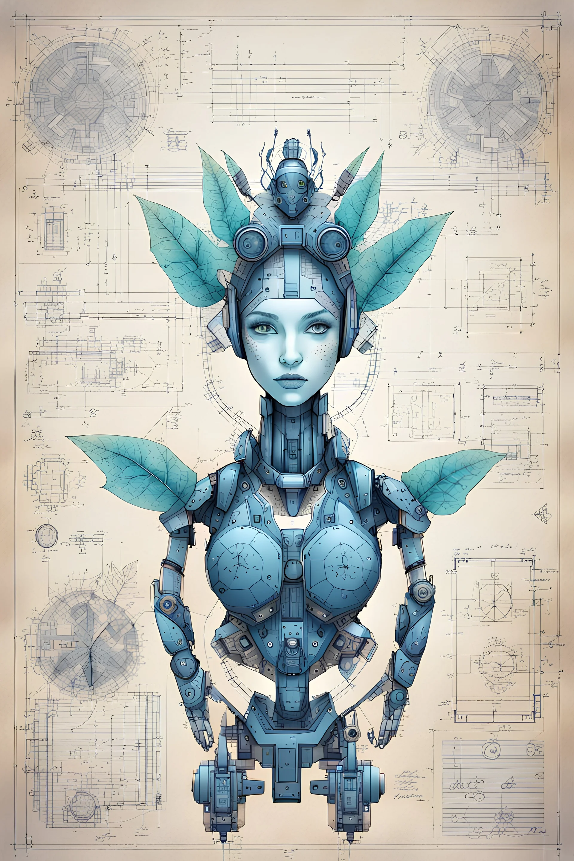 Hand drawn technical illustration , with detailed blueprints and engineering schematics of a robotic hybrid walking leaf insect girl, with highly detailed facial features, drawings, and technical notation, 8k, vibrant natural colors