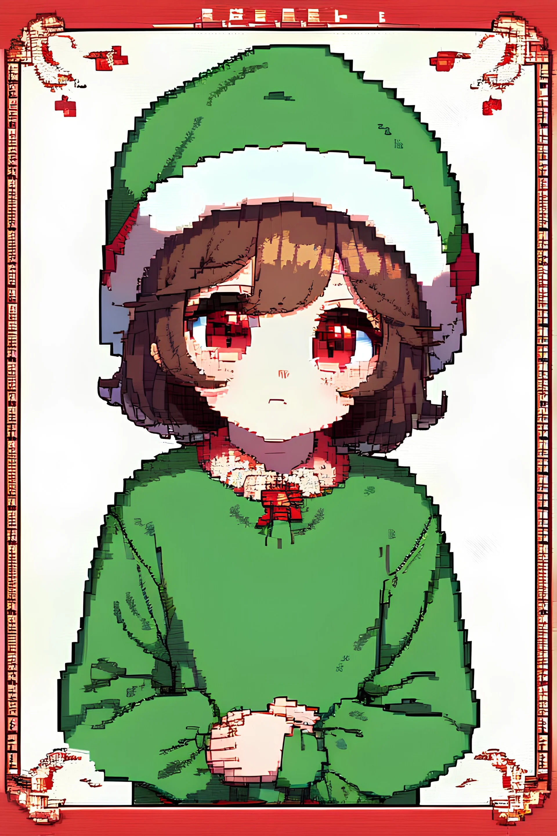 Pixel Art style and anime style, Child girl, short brown hair, has red eyes, He has pink dots on his cheeks, wears a green shirt horizontally striped with yellow, He's in a snow-covered place, he's wearing a standard red Christmas hat,