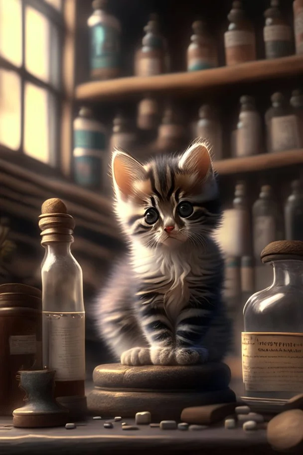 cute kitten on countertop in an apothecary. HD. High quality