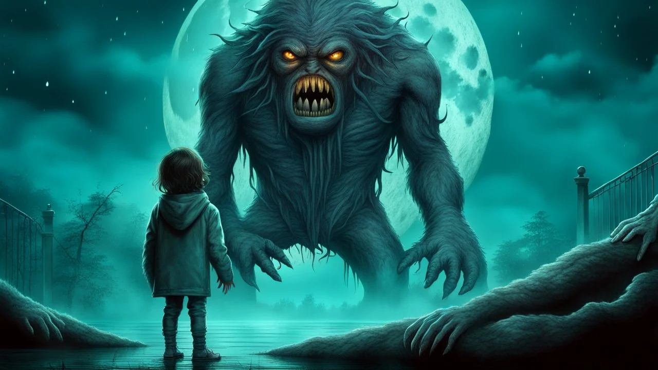 gentle, protective monster protects and hugs the alone sad child against bad high dark evil people, random background random, deep dark color, , moon, mist, rain, highly detailed, weird , surreal dark fantasy mood style like T. Burton