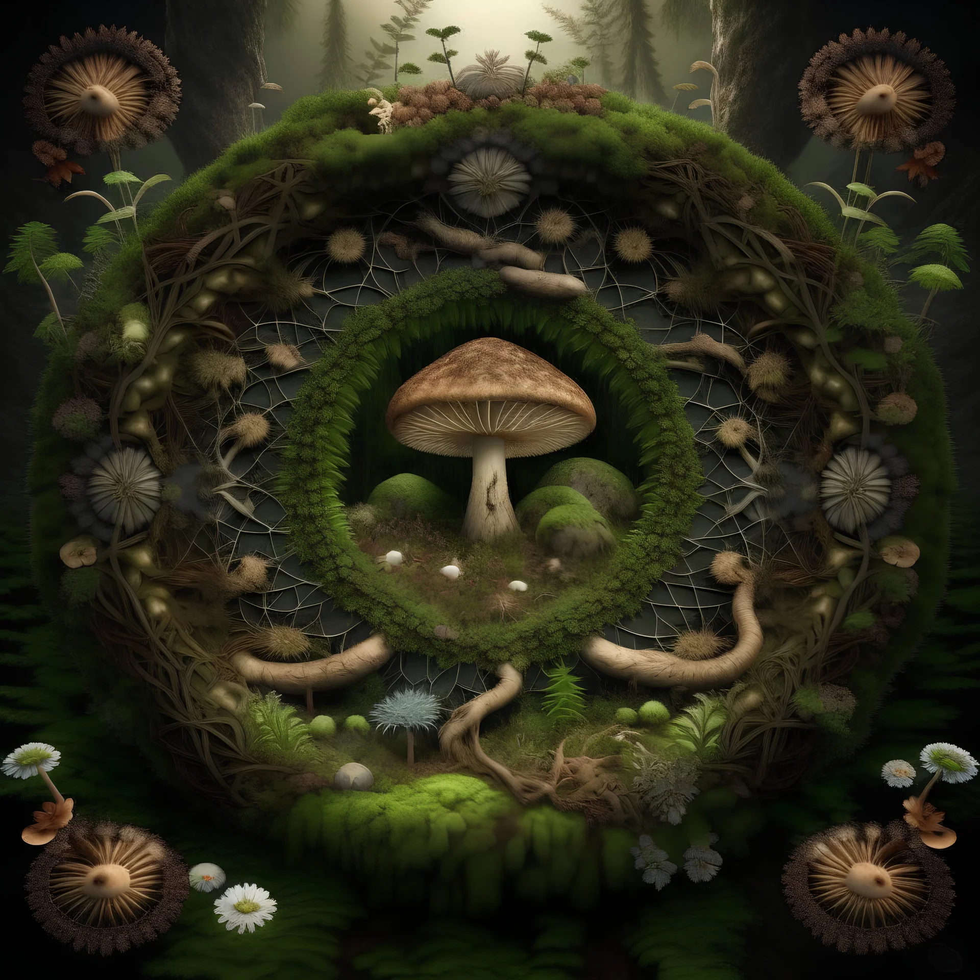 realistic image like a photo of natural mandala , higher resolution forest, muschrooms, roots, trees, ferns, bird