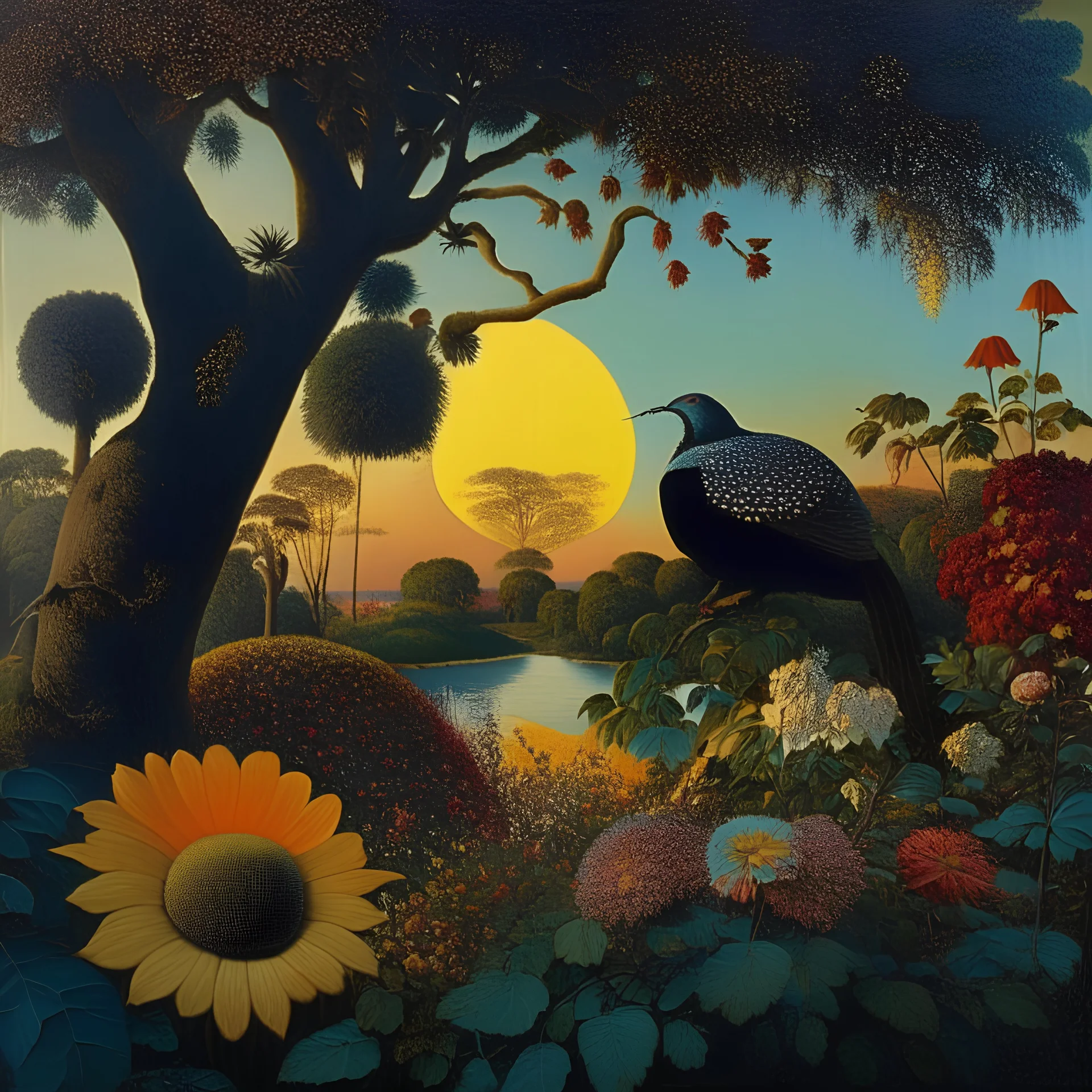 High definition photography of a marvelous landscape, birdman, trees, flowers, giant sun, intricate, Audubon, atmosphere of a Max Ernst painting, Henri Rousseau, thoughtful, interesting, appalling, smooth