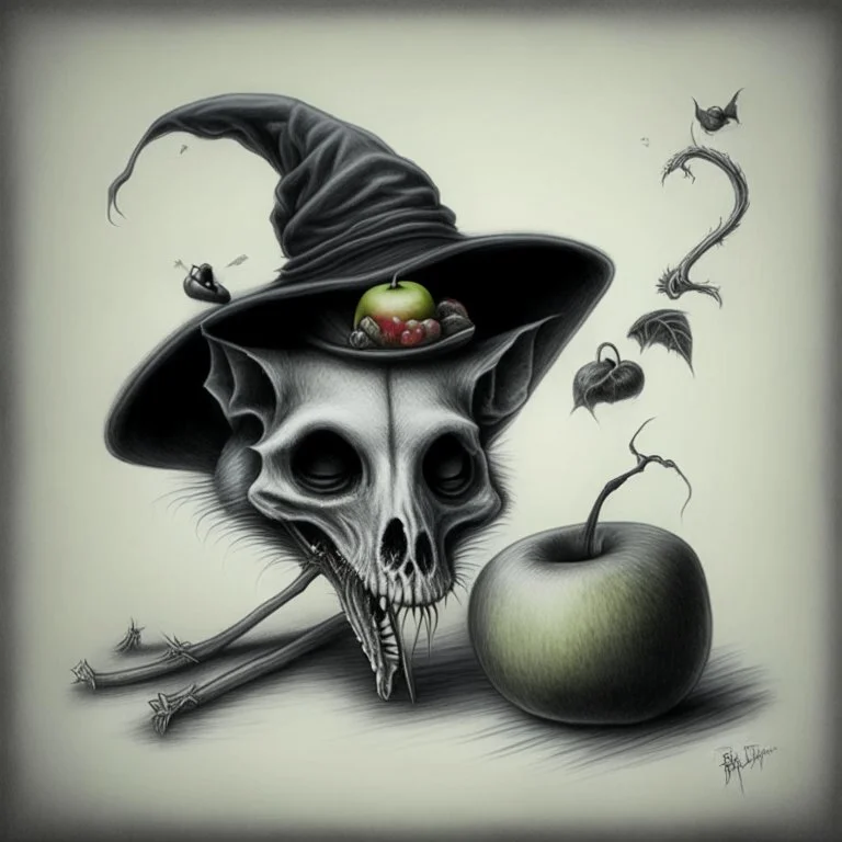 Realistic drawing of a Skull with a Witch hat, Skull has ghost eyes and is eating from a poison apple. Rat walks behind the skull.