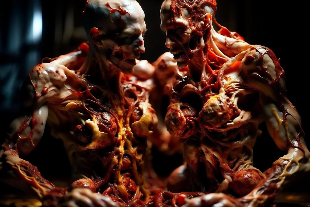 cinematic gore photorealistic fleshy photo of 2 waltzing oozing decomposing fleshy torsos, conjoined contortionist torn twisted, turned inside out, anatomically fragmented, marbled, crackled, ripped apart again being flayed, skinned alive. beating heart, muscles, blood vessels, bowels, entrails are exposed, pieces of loose skin, anatomy and physiology, grotesque Bosch and Dali inspired hallucination, below view photo.