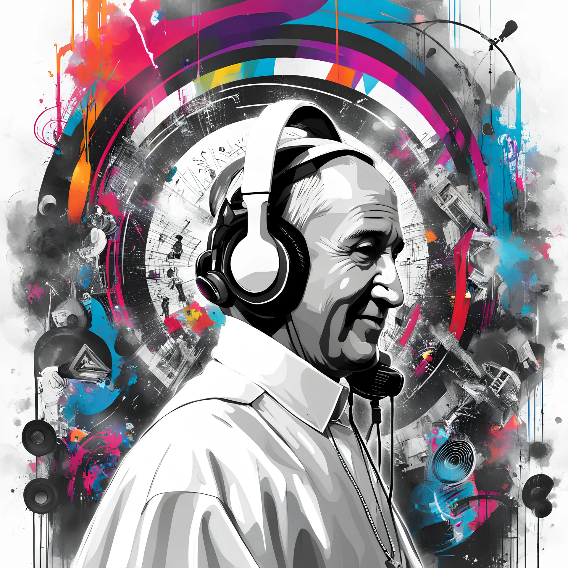 Illustrative sketch of Pope Francis in music with headphones, full body, ultra quality, hyper detailed, graffiti, concept art, maximalism, 8k