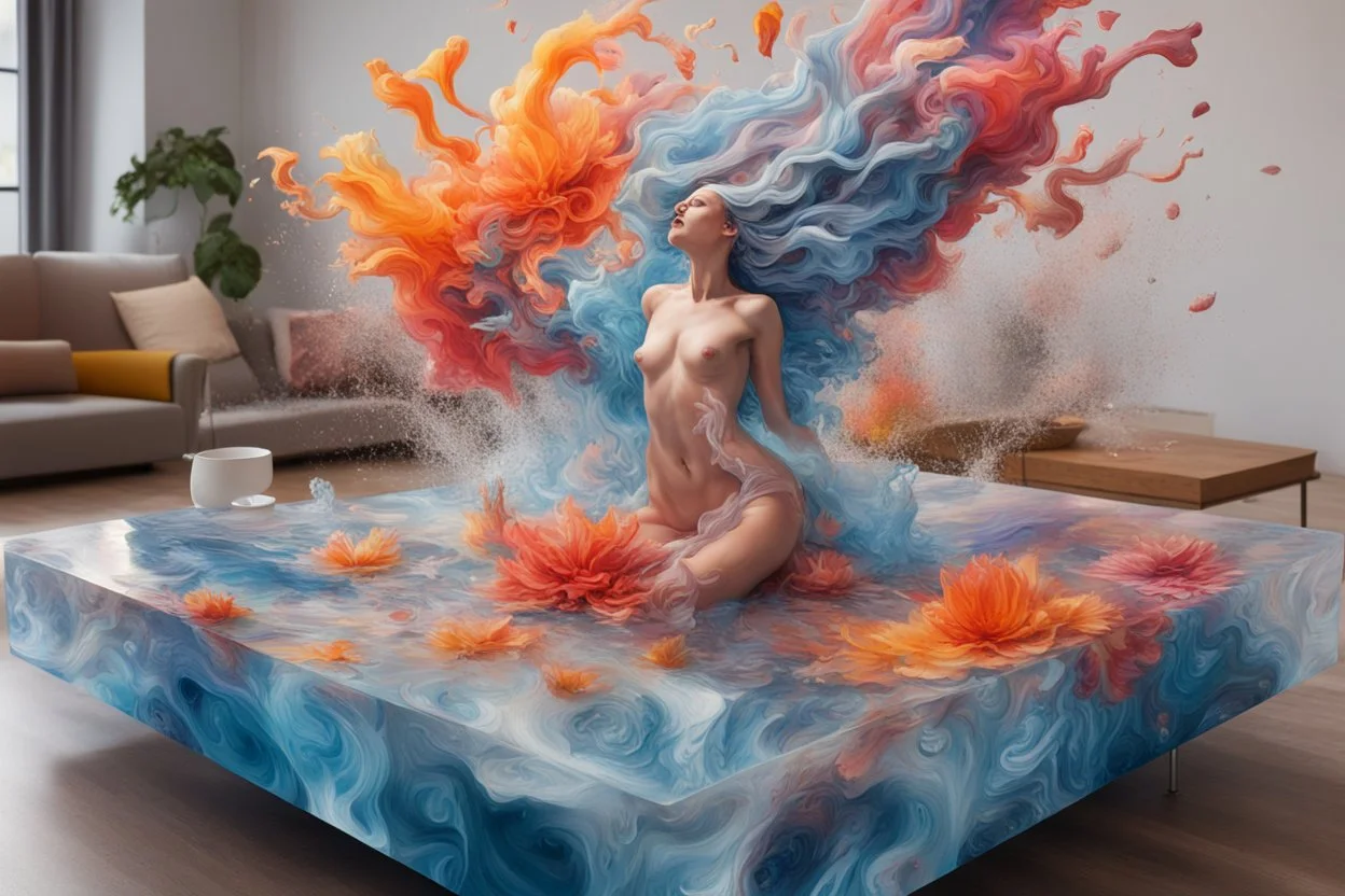 Image capturing the fantastical scene you described, with a central female figure surrounded by an explosion of floral and fluid elements, mixing hyperrealism with a touch of surrealism. The vibrant colors and dynamic movement create an immersive and energetic composition. Image is inside an ice cube on a coffee table.