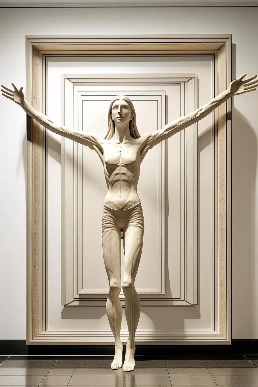 a tall slender woman is standing in front of a large white picture frame displayed on the wall of an art gallery. The frame is traditional in style but looks like and has the texture of white clay. Her arms are outstretched like da vinci’s vetruvian man, and the length of her arms and body corresponds to the width of the picture frame. Her feet are perched on a surreal small shadow rock and it looks like she is floating above calm water. The picture is without canvas but an abstract landscape em