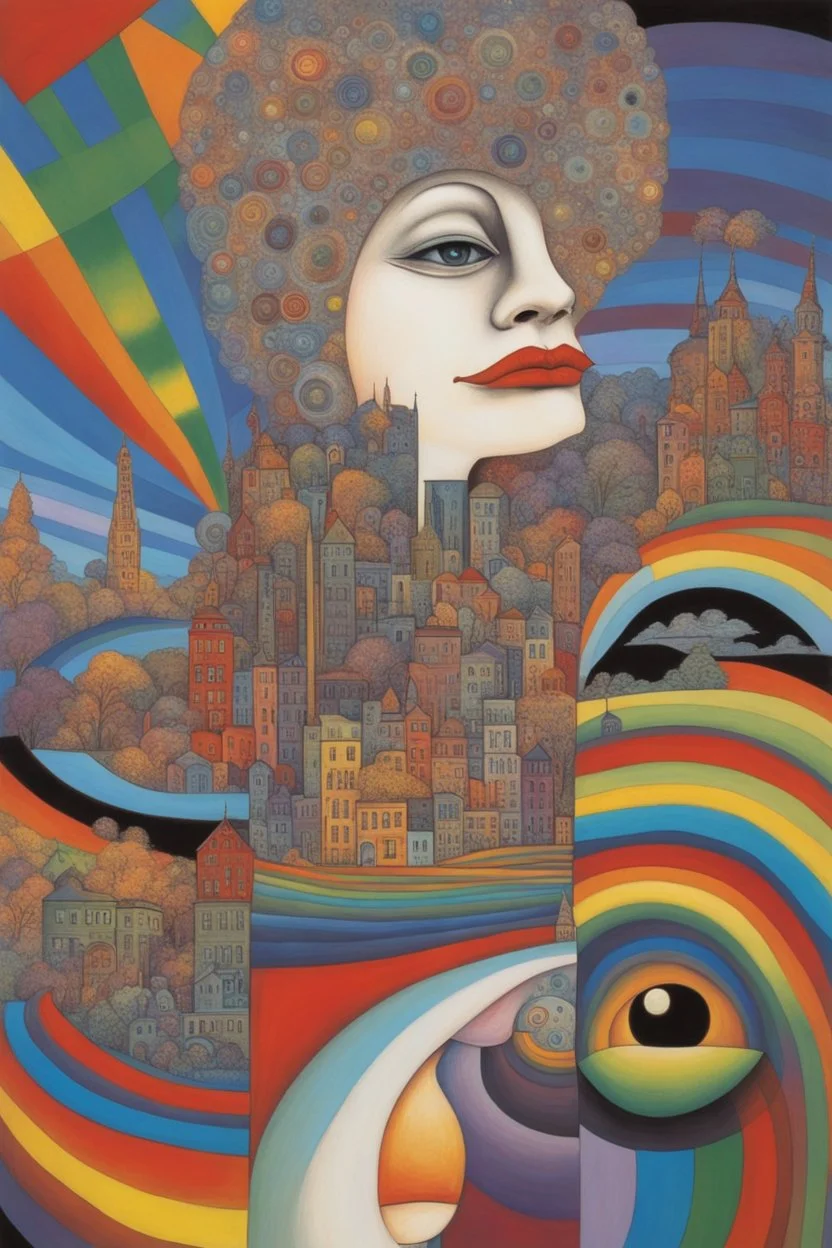 Each human has a unique color frequency in the rainbow spectrum that needs to surrender to the white light beam to exit from the prism; neo-surrealism; Hundertwasser.