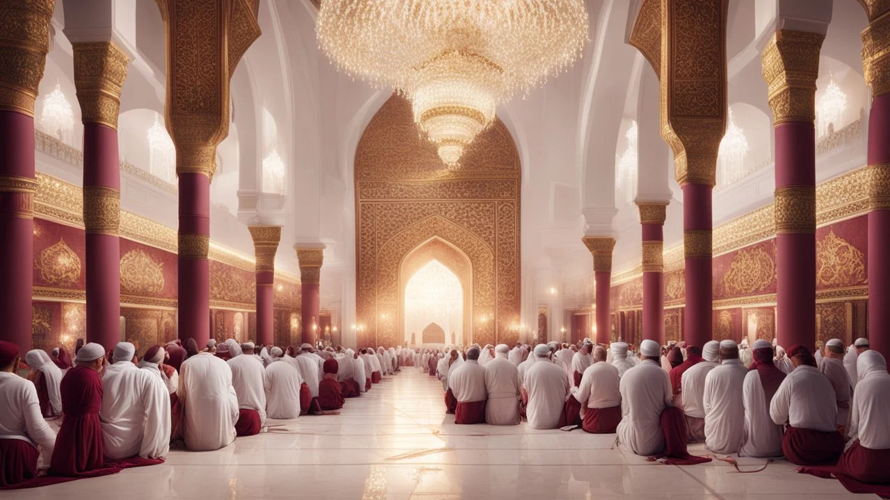 Hyper Realistic Photographic-View of lots of Muslims praying inside a Massively-Huge-Beautifully-Crafted-White-&-Maroon Wall-Mosque with detailed-golden-pillars & Garland-Light-Decorations with dramatic-&-Cinematic-Ambiance at night.