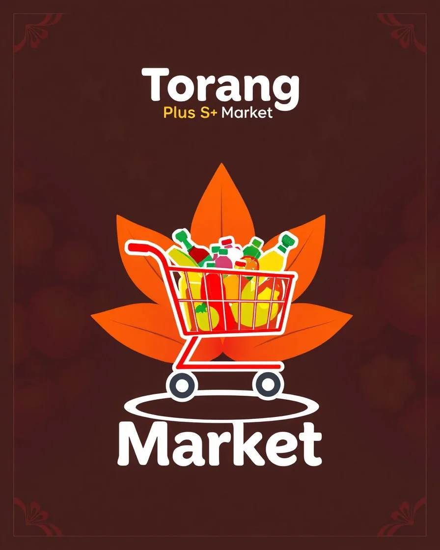 A design for a supermarket called (Torang Plus Market) in the form of an attractive logo at the top of the image with a wheeled cart full of products in the middle of the image on a special and beautiful background with a red, orange, and white color theme.