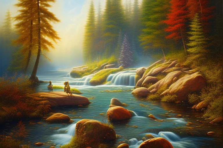 Oil painting with knife, Rapides, Cascade, River Moose, Noon Sun, Under the Rockwoods.