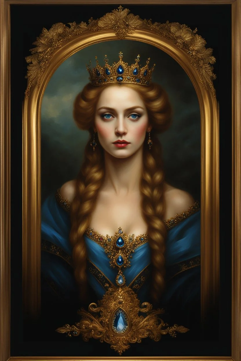 Gothic Gold framed painted portrait of a beautiful queen wearing a small tiara. her hair is long and light brown in colour and she has blue eyes, dark fantasy