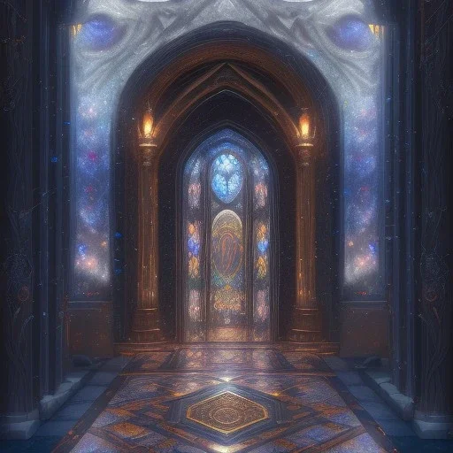 fantasy concept art, dynamic lighting, Intricately detailed, Splash screen art, deep color, Unreal Engine, volumetric lighting, black marble, Fantasy library artwork, white silk, stained glass windows, blue gothic architecture,