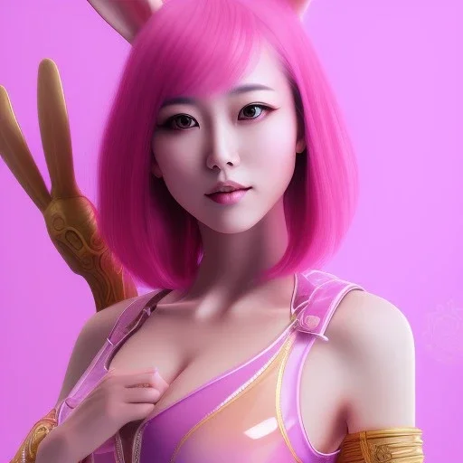 Asian woman, leaning pose, rabbit mask, pink short hair, latex suit, highly detailed,