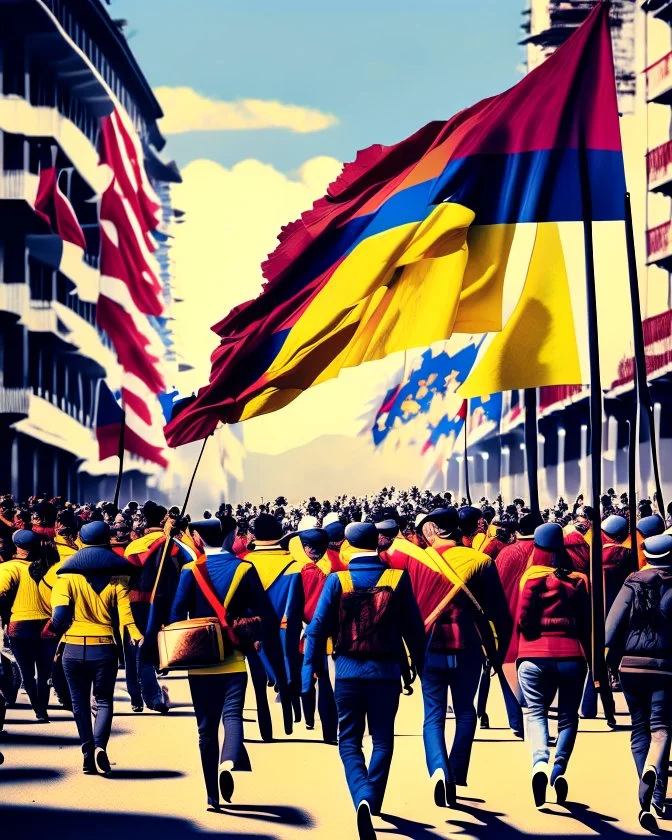 Groups of people marching with flags of Colombia graphic illustration retro 4k art