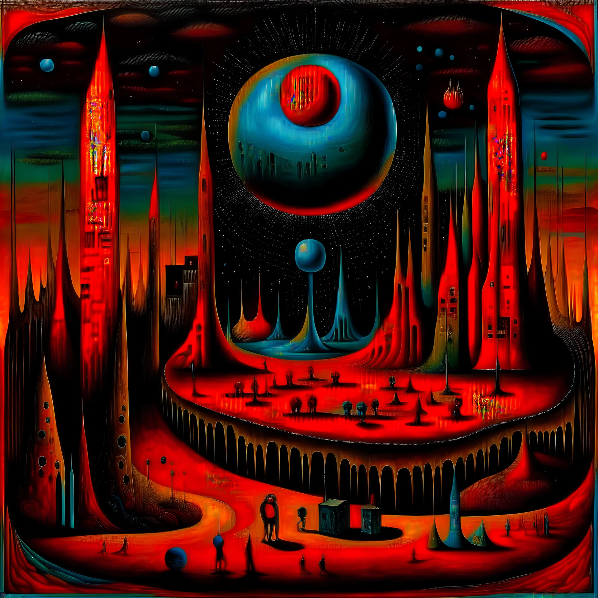 Surreal essence of a dreamlike landscape, inspired by the poetic and emotionally rich style of Max Ernst, vivid colors, enigmatic forms, and an underlying sense of mystery that resonates with the viewer's emotions