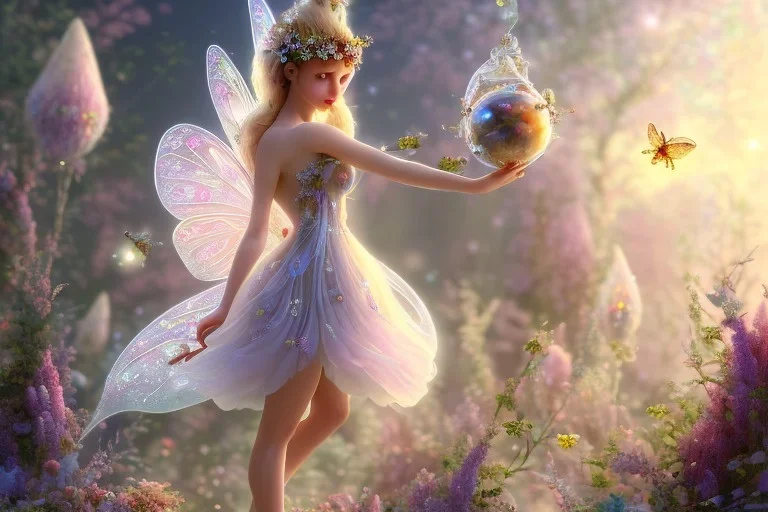 one very little beautiful fairy on a big crystal subtle flower in a galactic ambiance, transparent petals, delicate colors, in the foreground, full of details, smooth, bright sunshine，soft light atmosphere, light effect，vaporwave colorful, concept art, smooth, extremely sharp detail, finely tuned detail, ultra high definition, 8 k, unreal engine 5, ultra sharp focus