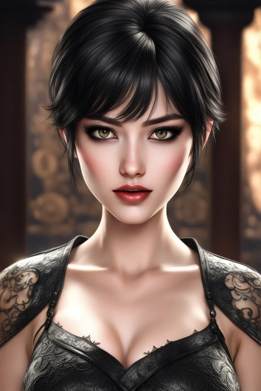 super pretty young woman,good body, big bubs, great black eyes, black scratched make-up, intense look, black nice lips, little smile, short black haired, close up face, front view angle, into older mistic temple background, intrincate details, high definition picture, render, master piece, no deformed body, no extra arms, no extra feets, no extra fingers.