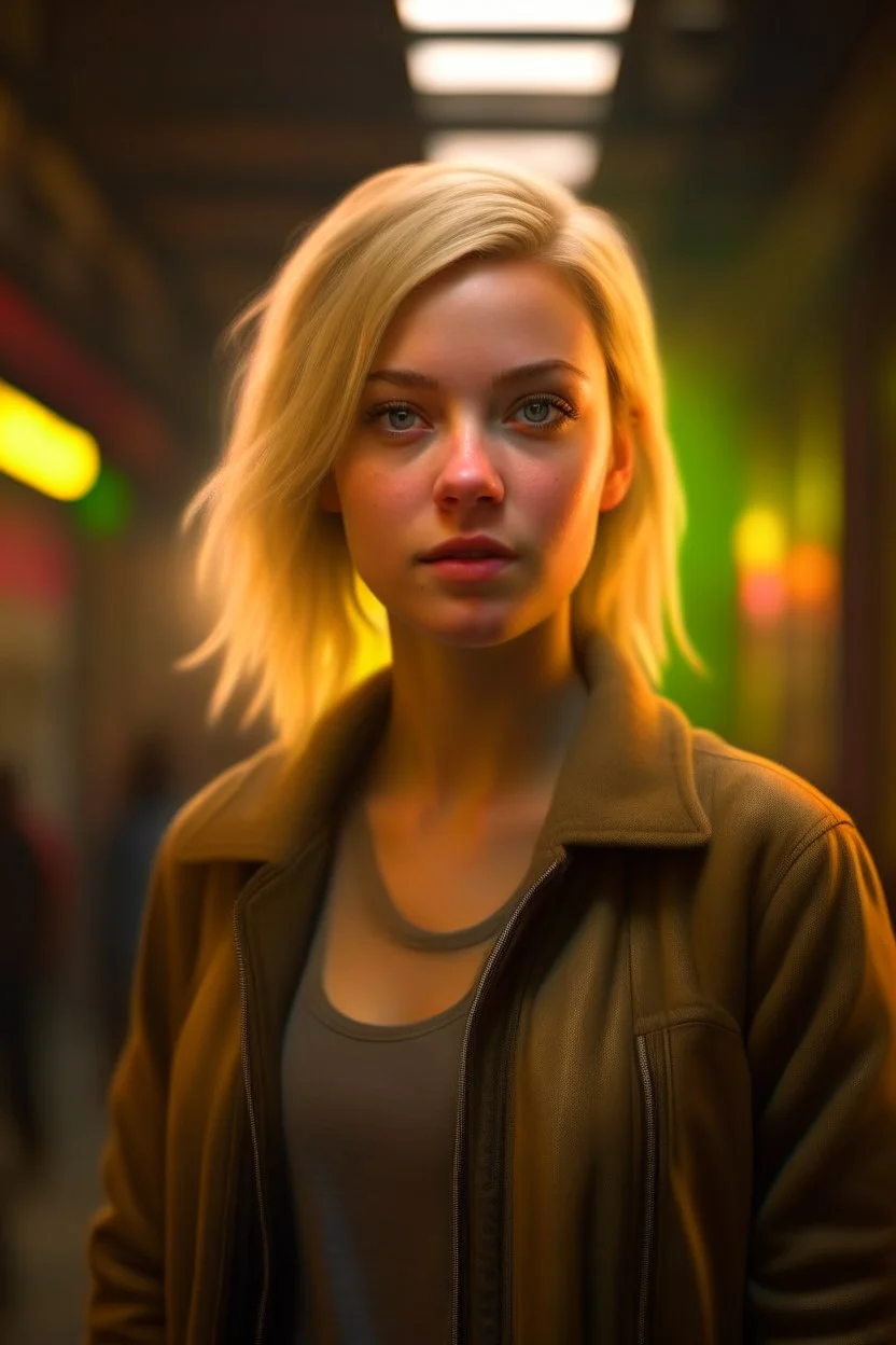 new york underground, a cute blonde female chat robot that stares at us like we are the prettiest demons she has ever seen, its such a perfect day, motion blur, smoke, 8k, downlight, soft light, depth of field, photorealism, trending on art station, lotsa detail