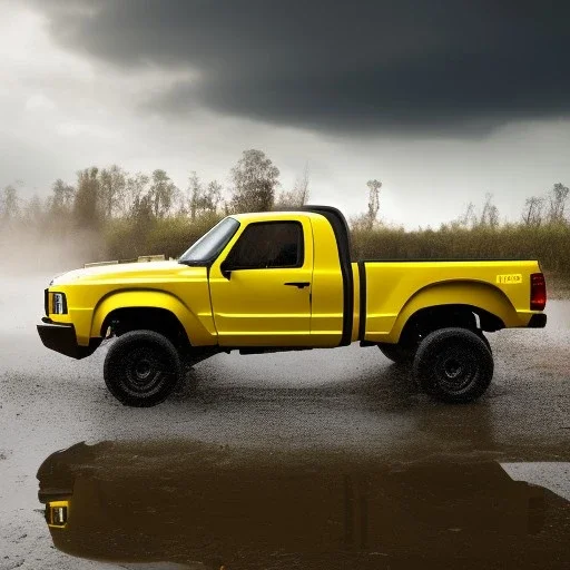 hyperrealistic shot, fast moving 4x4 yellow truck, monotone color palette, sharp focus, puddle reflec1tion, tire mud splashes, refraction, mist on the horizon, thunder and lightning, overcast shadow, detailed and intricate, cinematic composition, 8k, micro, tilt shift photography, bokeh