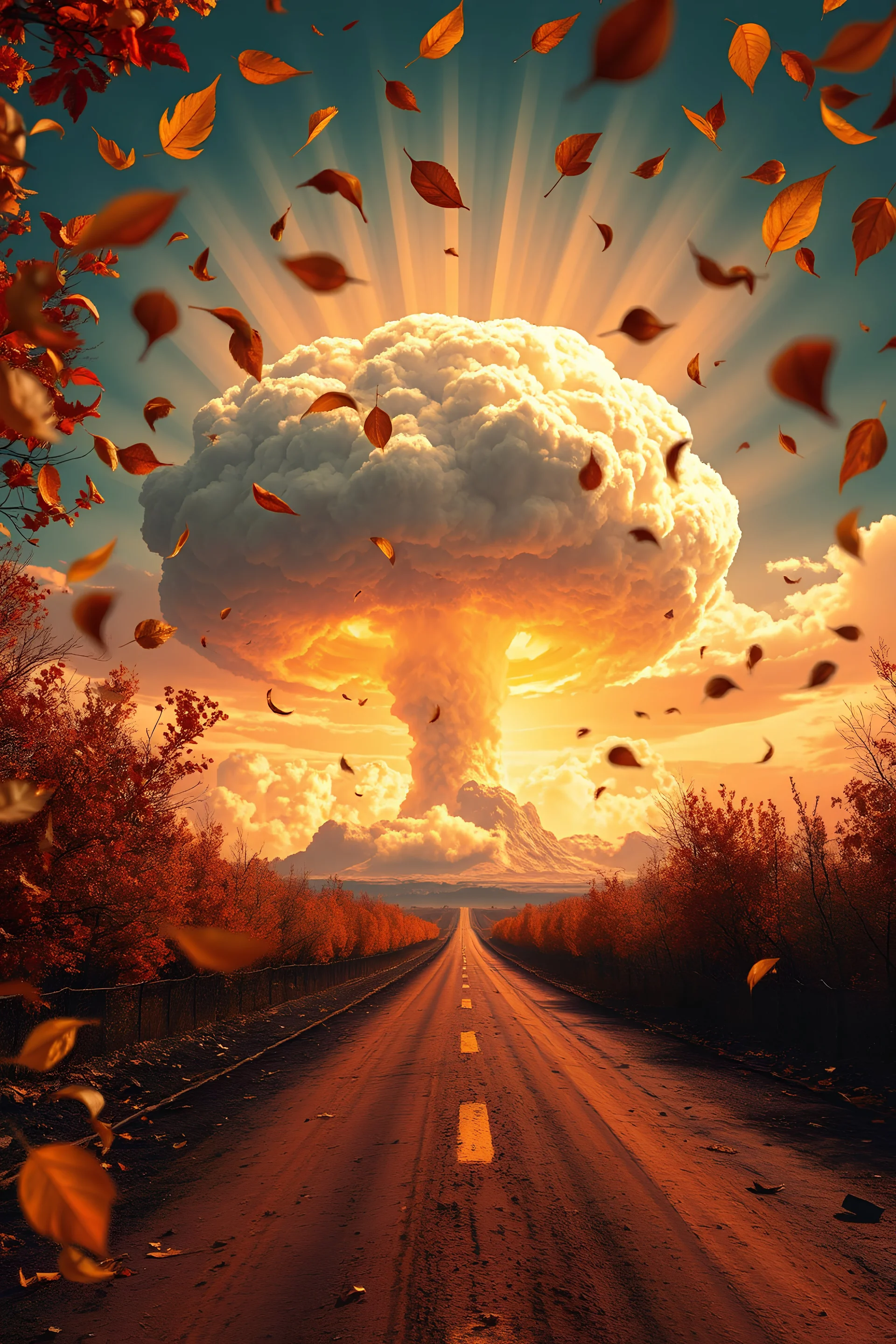 foreground with many falling leaves, behind is a nuclear explosion's mushroom cloud that looks more like a tree in fall, with explosion radiating outward, many leaves falling in foreground, ground is dirt and scorched with a road coming down the middle towards viewer, angelic fantastic lighting