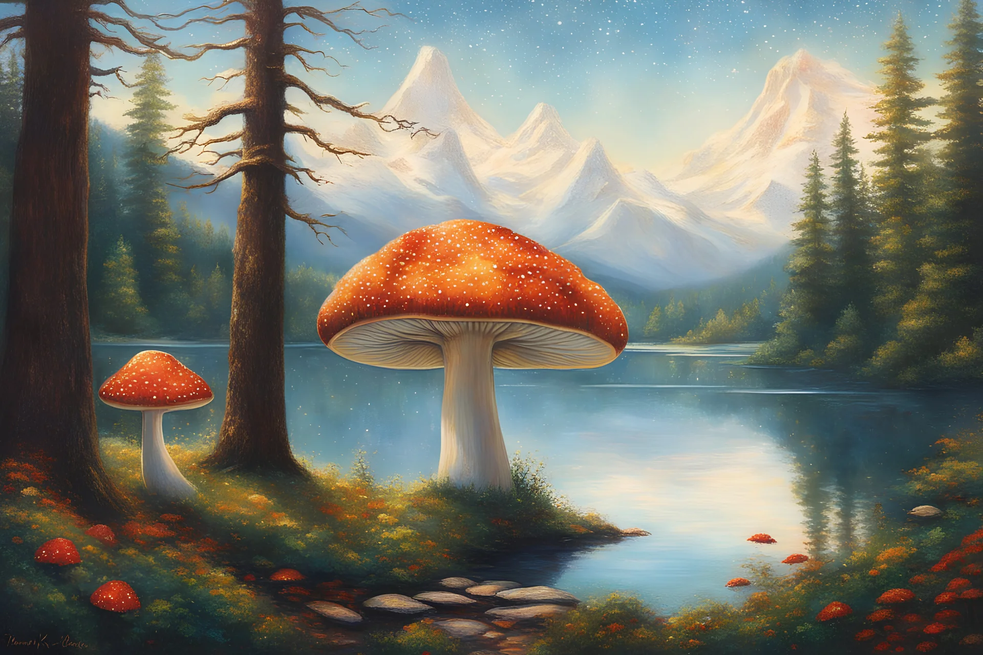 Giant mushroom, stanley artgerm, pointillism, bokeh, sparkles, magic, trees, mountains, lake, thomas kinkaid, norman rockwell