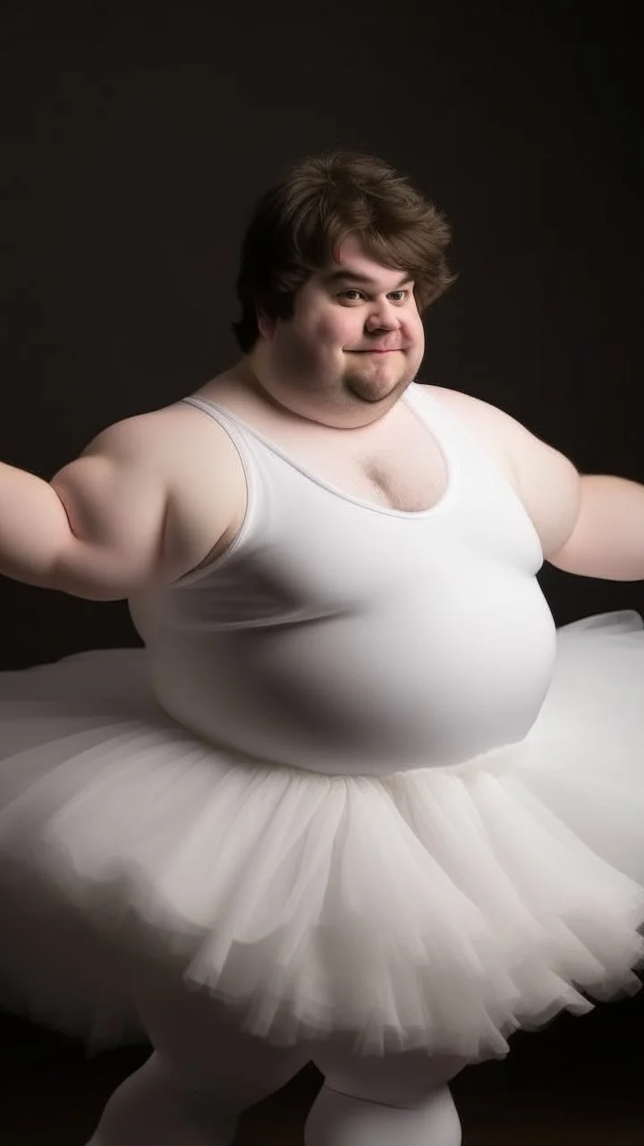 young man, morbidely obese; brown hair and fair skin, dancing in a white fluffy tutu. Full character. Elegant pose; HD, Studio shot, realistic.