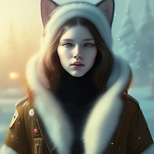 Cyberpunk Portrait of cat child with brown hair and with cute face, north pole snowy vibe , perfect composition, hyperrealistic, super detailed, 8k, high quality, trending art, trending on artstation, sharp focus, studio photo, intricate details, highly detailed, by greg rutkowski