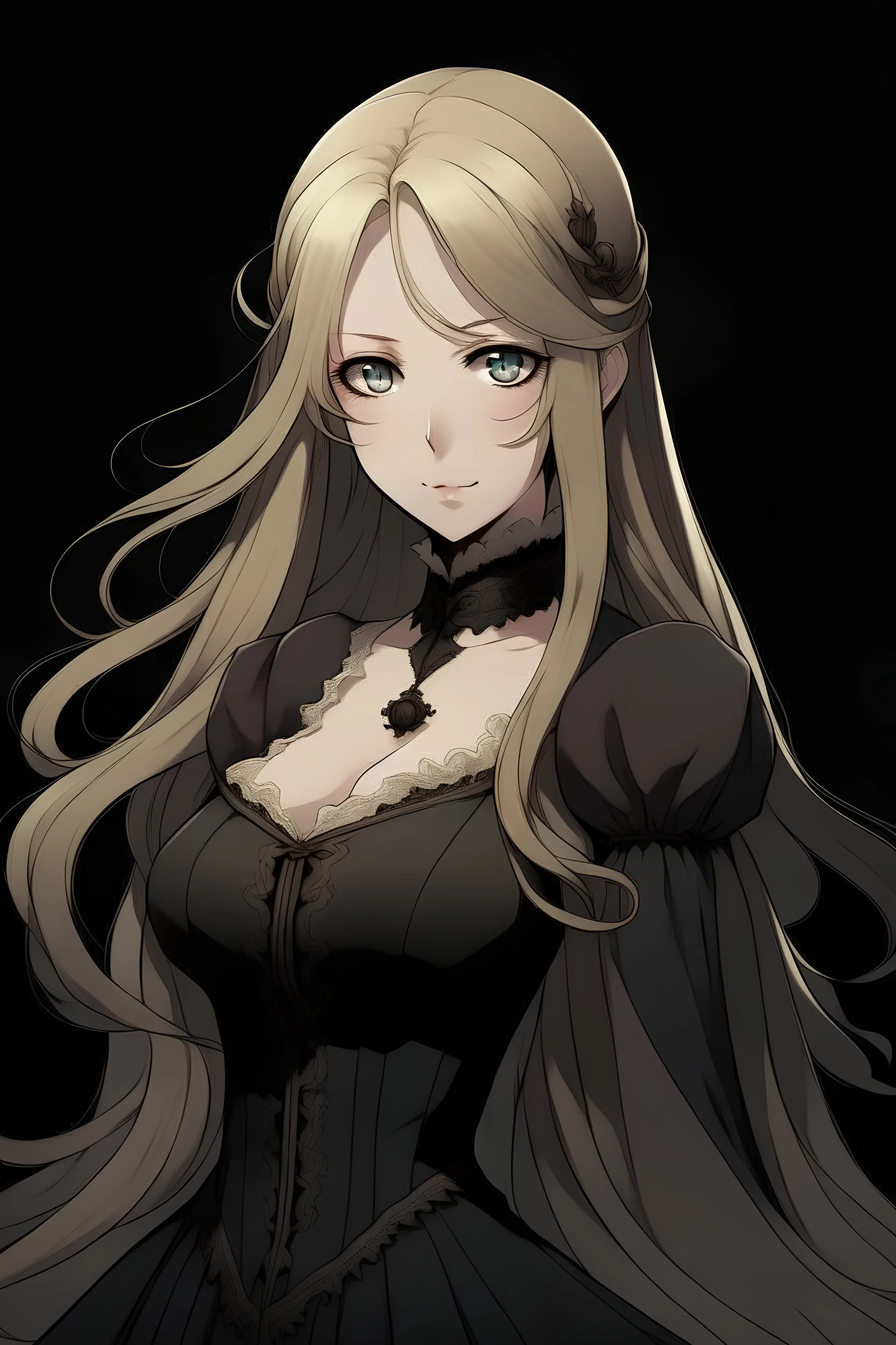Personaje de anime femenina, con cabello rubio y largo, vestido de epoca victoriana oscuro. rostro delgado, mirada seria e imponente