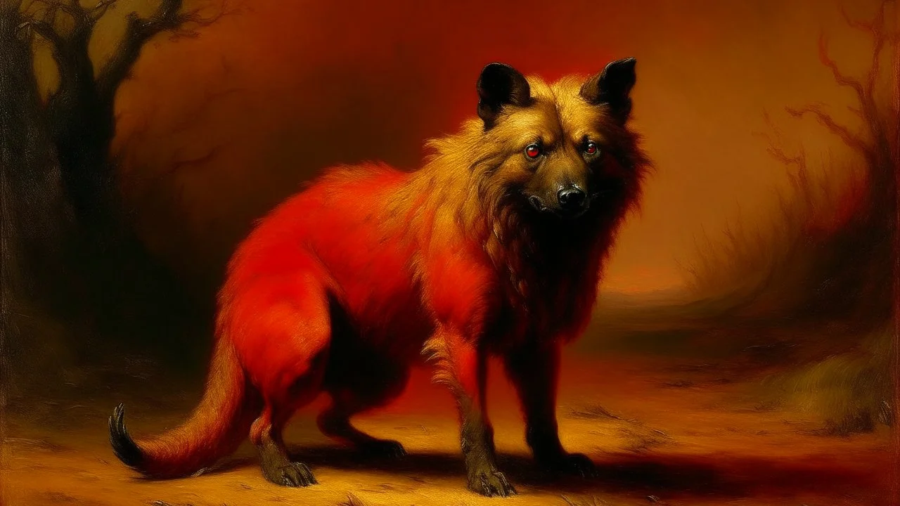 An orangish red plague elemental hyena painted by George Inness